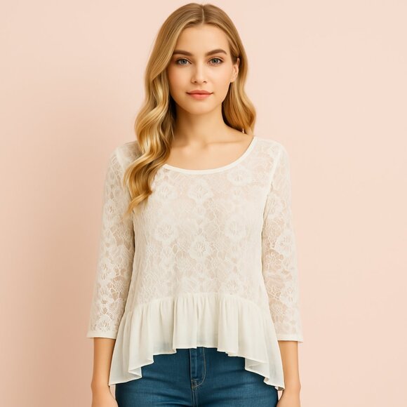 American Rag floral Cream ruffled hem lace Top Boho Romantic Vintage Sz S - Picture 1 of 6